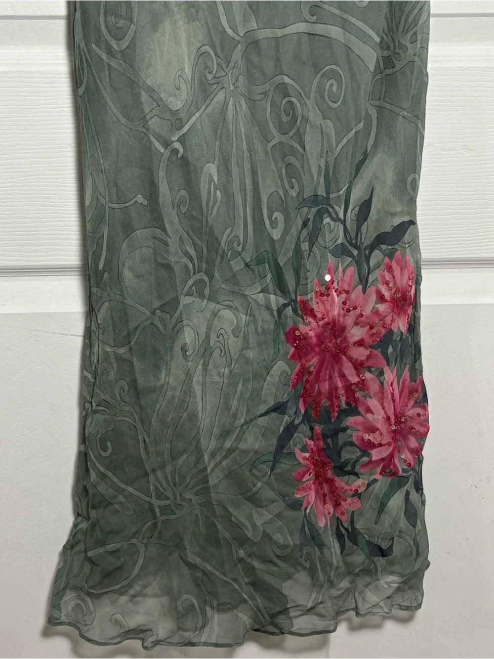 Vintage 90s 100% Silk Dress Women’s 14 Fairy Chiffon Sage Green Romantic Y2K